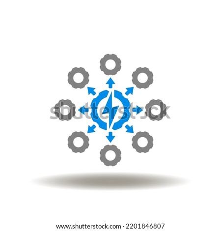 Vector illustration of gear with lightning and round flowchart of arrows with gears. Icon of elecrical energy distribution. Symbol of DERMS Distributed Energy Resource Management System.