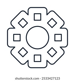 Vector illustration of gear in linear style. Solar or galaxy sign. Science, discovery, and space symbol. Astronomy and communication element