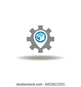 Vector illustration of gear and location pin marker with goods delivery box. Icon of SCM Supply Chain Management. Symbol of logistic. Sign of shipping and distribution.