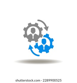 Vector illustration of gear mechanism with arrows and businessman. Icon of facilitator service. Symbol of partnership.