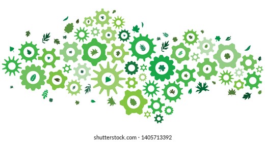 vector illustration of gear and mechanism with green leaves for sustainable development and ecological visuals