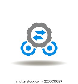 Vector illustration of gear mechanism with left and right arrows. Icon of mediation. Symbol of technology progress, integration.