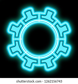 Vector illustration of a gear with neon light effect against black background. Techno concept in a cyberpunk style.