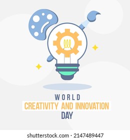 Vector illustration of gear on light bulb with brush paint and color palette icon, as a banner background or poster. World Creativity and Innovation Day.
