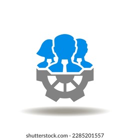 Ilustración vectorial de los engranajes con el equipo de personas. Icono de la subcontratación de empleados. Símbolo de subcontratación. Signo de trabajo en equipo.