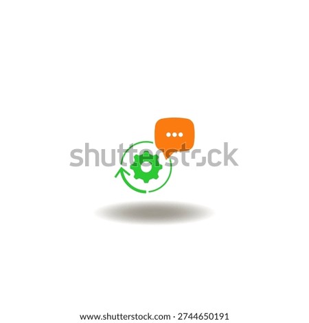 Vector illustration of gear with round arrow and speech bubble. Symbol of advisory abroad.