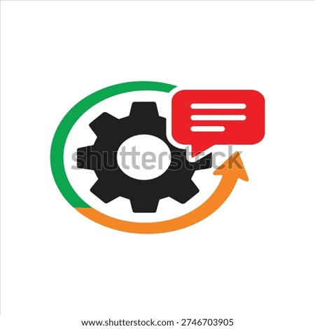 Vector illustration of gear with round arrow and speech bubble. Symbol of advisory abroad