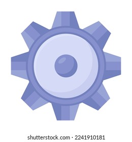 Vector illustration of gear with teeth and central hole for the clock mechanism or engine part. Cartoon top angle of hardware isolated on white. Construction concept
