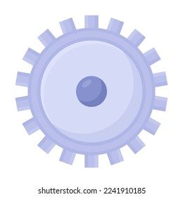 Vector illustration of gear with teeth and central hole for clock engine part. Top angle of hardware isolated on white. Construction concept