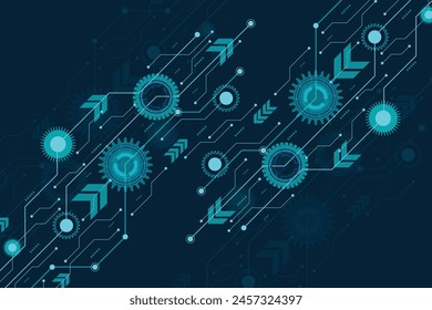 Rueda de engranaje de Ilustración vectorial y placa de circuito, tecnología digital de alta tecnología e ingeniería, concepto de tecnología de telecomunicaciones digitales. Abstractas futurista sobre fondo de color azul oscuro