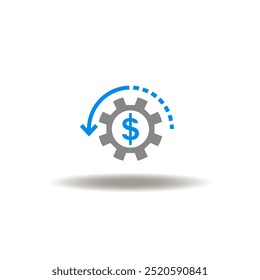 Ilustração vetorial da roda de engrenagens com moeda em dólar e seta redonda para trás. Símbolo de reavaliação.