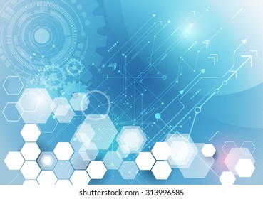 Vector illustration gear wheel, eye ball, hexagons and circuit board, Hi-tech digital technology and engineering, digital telecom technology concept. Abstract futuristic on light blue color background