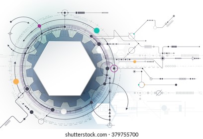 Vector illustration gear wheel, hexagons and circuit board, Hi-tech digital technology and engineering, digital telecom technology concept. Abstract futuristic on light blue color background