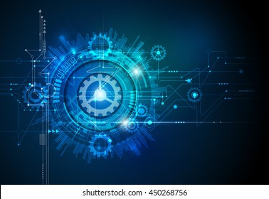 Vector illustration gear wheel, hexagons and circuit board, Hi-tech digital technology and engineering, digital telecoms technology concept. Abstract futuristic on dark blue color background