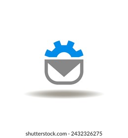 Vector illustration of gear wheel and mail letter. Icon of messaging. Symbol of chat bot or email service. Sign of messaging, chatting. Pictogram of mail management.