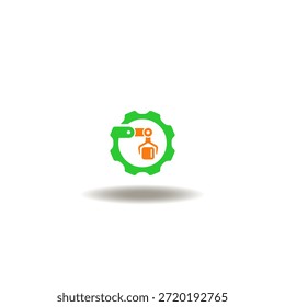 Ilustración vectorial de rueda dentada con manipulador de brazo robótico. Icono de la producción, la industria. Símbolo de clasificación de transportadores industriales.