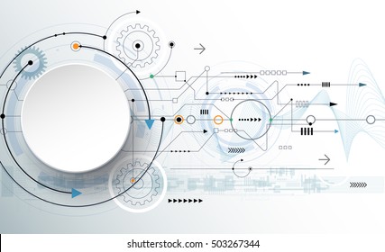 Vector Illustration Gear Wheel, Wave Lines And Circuit Board, Hi-tech Digital Technology And Engineering, Digital Telecom Technology Concept. Abstract Futuristic On Light Blue Color Background