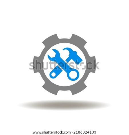 Vector illustration of gear wheel with wrench and hammer. Icon of repair service. Symbol of maintenance. Pictogram of tuning studio, fix car.