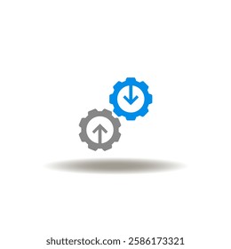 Vector illustration of gear wheels with arrows up, down. Symbol of information technology integration. Icon of integrate tech. Pictogram of downloading uploading exchange data.