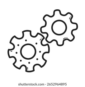 Vector illustration of gear wheels. Hand drawn line art object for technology or mechanics themes.