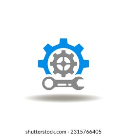 Vector illustration of gear wheels mechanism with wrench. Icon of preventive maintenance and repair servcie. Symbol of adjustment and settings.