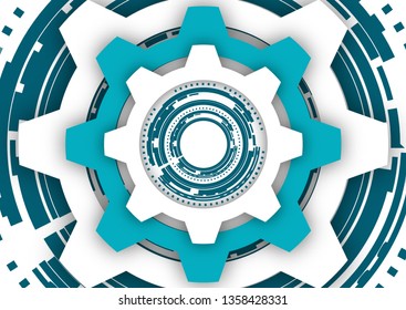 Vector illustration of gear wheels on white background. Abstract techno background: bright rotating gear. Mechanical engineering technology symbol. Industry development, engine operation