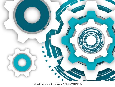 Vector illustration of gear wheels on white background. Abstract techno background: bright rotating gear. Mechanical engineering technology symbol. Industry development, engine operation