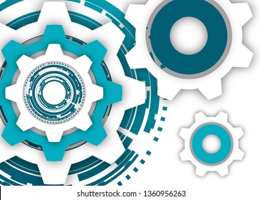 Vector illustration of gear wheels on white background. Abstract techno background: bright rotating gear. Mechanical engineering technology symbol. Industry development, engine operation