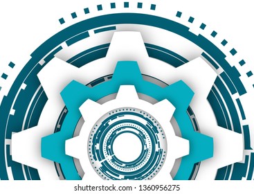 Vector illustration of gear wheels on white background. Abstract techno background: bright rotating gear. Mechanical engineering technology symbol. Industry development, engine operation