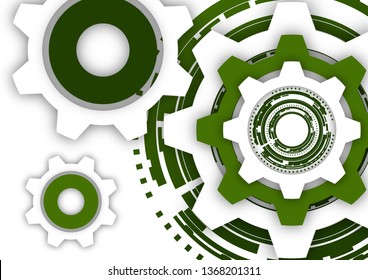 Vector illustration of gear wheels on white background. Abstract techno background: bright rotating gear. Mechanical engineering technology symbol. Industry development, business solution concept