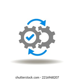 Ilustración vectorial de las ruedas de engranajes con flechas redondas y marca de verificación. Icono del proceso, mecanismo. Símbolo del funcionamiento de la máquina. Signo de ingeniería de motores.