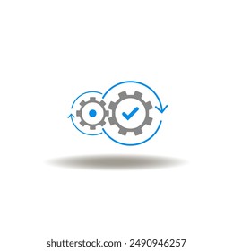 Vector illustration of gear wheels with round arrows process and check mark. Icon of facilitation. Symbol of facilitate.