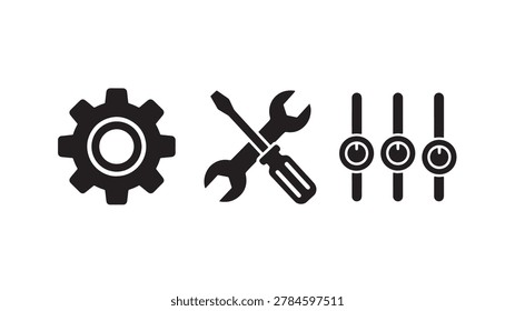 A vector illustration of a gear, a wrench and screwdriver crossed over each other, and three adjustment dials, all in black on a white background, conveying a sense of maintenance and repair.