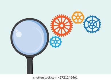 Ilustración vectorial de engranajes dispuestos en línea recta con lupa que representan el flujo de trabajo, la eficacia, el proceso paso a paso y la productividad.
