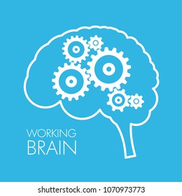 Vector illustration of gears in brain outline on blue background