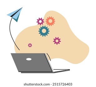 Ilustração vetorial de engrenagens provenientes de um laptop em estilo plano. Isolado em um fundo branco. Ideal para apresentações de tecnologia, design de software e para fins educacionais.