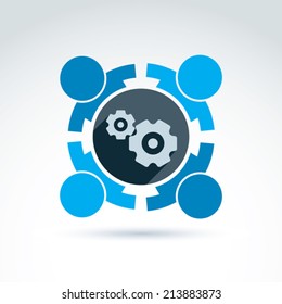 Vektorgrafik der Zahnräder - Enterprise System Thema, Organisationsstrategie Konzept. Cog-Räder, bewegliche Teile und Menschen Ã?Â Â™? Komponenten des Herstellungsprozesses. 
