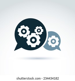 Vector illustration of gears - enterprise system theme, organization strategy concept. Cog-wheels and moving parts placed in a speech bubble Ã?Â¢?? chat on business process and management. 