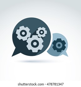 Vector illustration of gears - enterprise system theme, organization strategy concept. Cog-wheels and moving parts placed in a speech bubble Ã¢?? chat on business process 