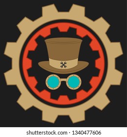 Vector illustration of gears, located inside the hat, wrenches, glasses in the style of steampunk. Suitable for use as a logo or icon. Made in blue, red, light brown on a dark background.