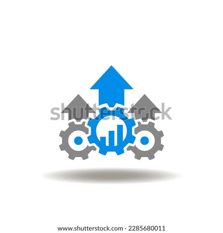 Vector illustration of gears mechanism with arrows up and growth graph. Icon of financial operations. Symbol of finance growth analysys. Sign of efficiency achieve and management.