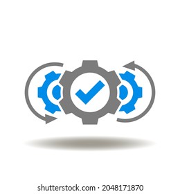 Vector illustration of gears mechanism with check mark and round arrows. Symbol of operations.