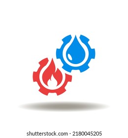 Ilustración vectorial del mecanismo de los engranajes con llama de fuego y gota líquida. Icono de servicio de fontanería y calefacción. Símbolo de fuego y enfrentamiento con el agua. Signo de extinción de incendios.