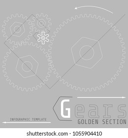 Vector illustration of gears with on the grey background. Business and industry concept with options, parts, steps, processes. Infographic template. Golden section.