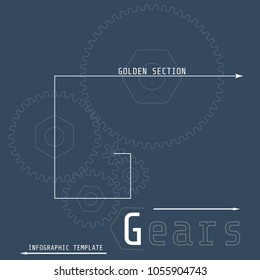 Vector illustration of gears with on the grey background. Business and industry concept with options, parts, steps, processes. Infographic template. Golden section.
