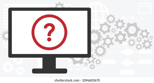 vector illustration of gearwheels and mechanism and laptop with question mark for computer problems and errors