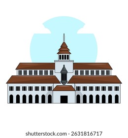 Ilustração vetorial de Gedung Sate, um edifício histórico do governo em Bandung, Indonésia, conhecido por seu estilo arquitetônico único e ornamento icônico skewer no telhado.