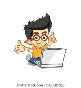 Vector Illustration of Geek Boy Play Laptop And Thumbs Up