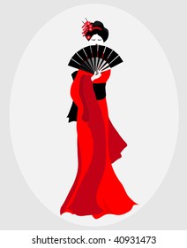 Ilustración vectorial de una geisha vestida de rojo y negro