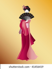 A vector illustration of a Geisha dressed in shades of pink